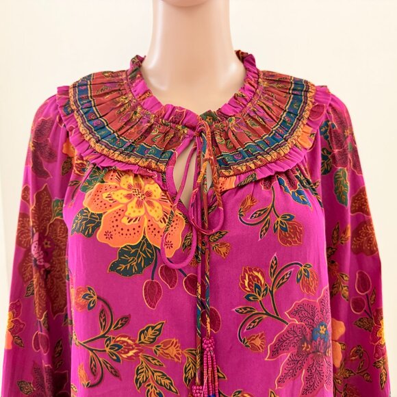 Rachel Zoe Women's Sz M Fuchsia Floral Blouse Rushed Neck Long Sleeves - NWOT - Picture 2 of 9